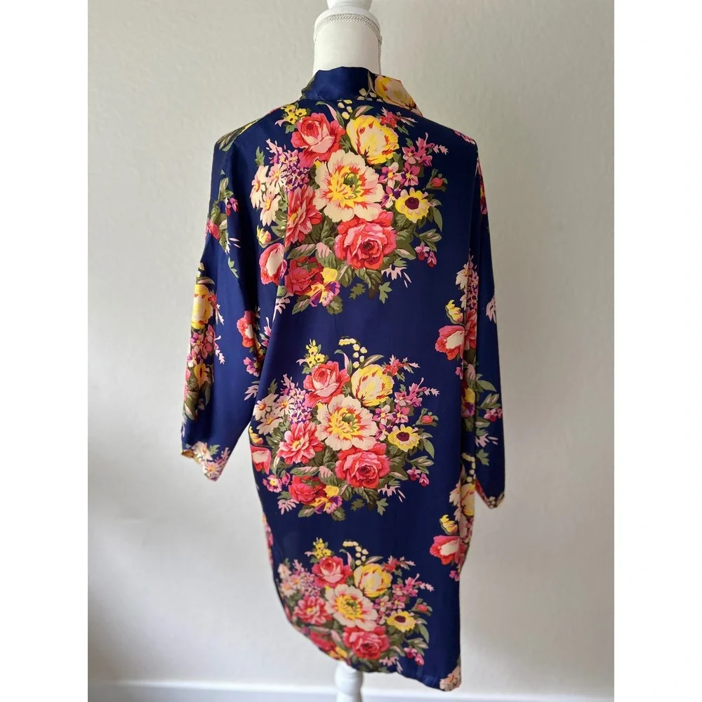 Navy Blue Floral Satin Kimono Robe Open Front Short Sleeve Boho Loungewear
